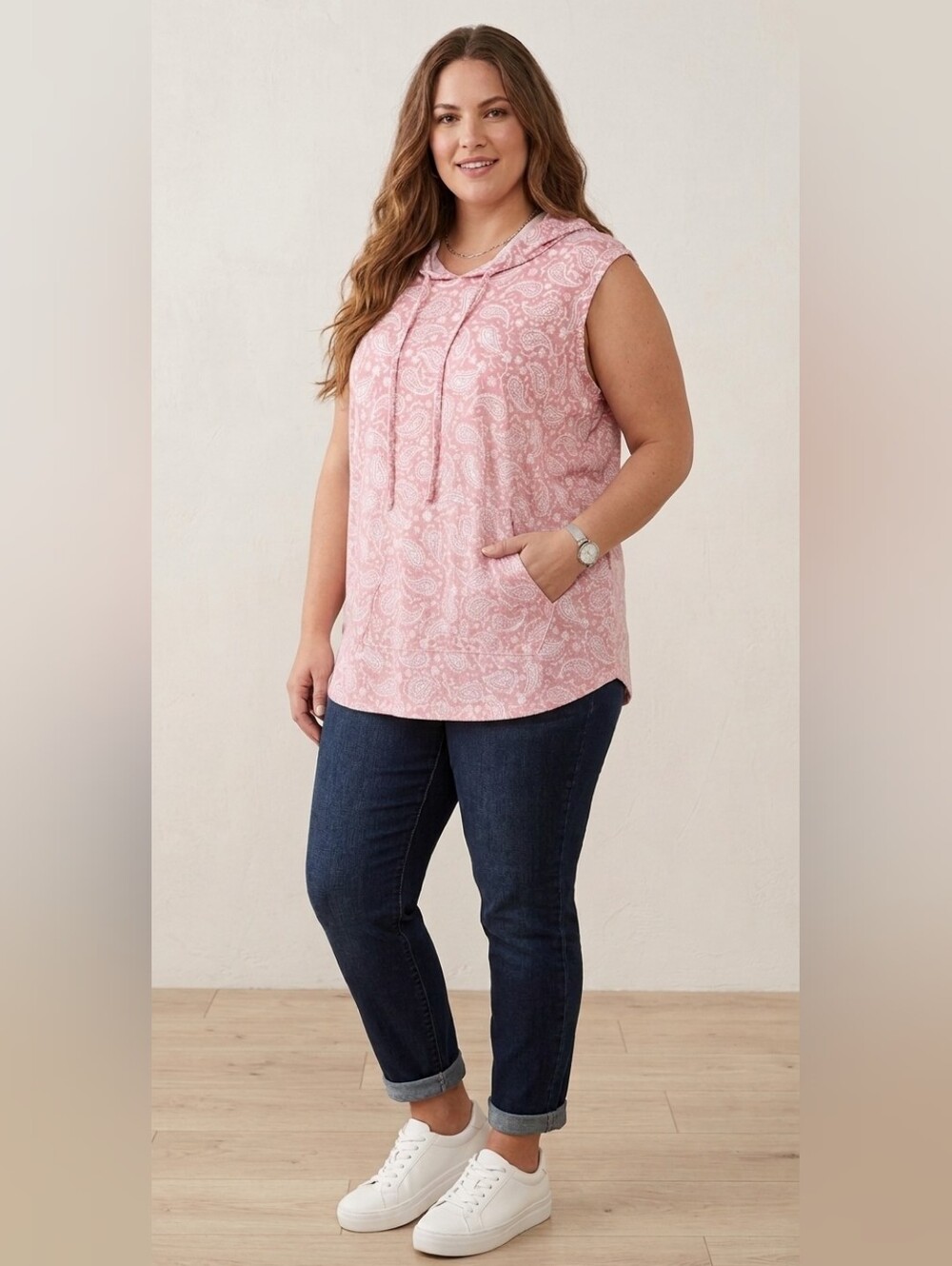 LuLaRoe Pink Paisley Print Sleeveless "Brittany" Hooded Tank Top Size Large NWT